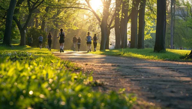 A group of individuals is strolling along an asphalt road in the park, surrounded by lush natural landscape with trees, plants, and grass lawns