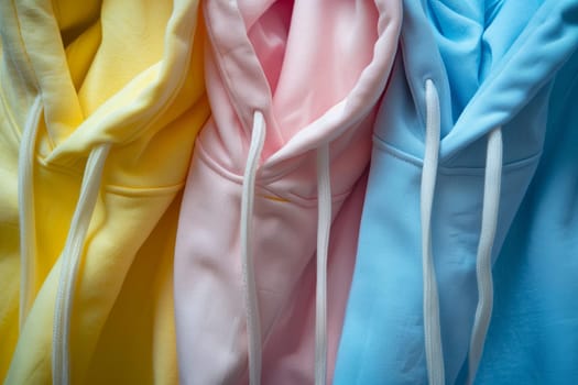 A closeup shot of a row of vibrant hoodies hanging on a hanger, showcasing a mix of textiles like silk, satin, jersey, and linen with various sleeve styles and collar types