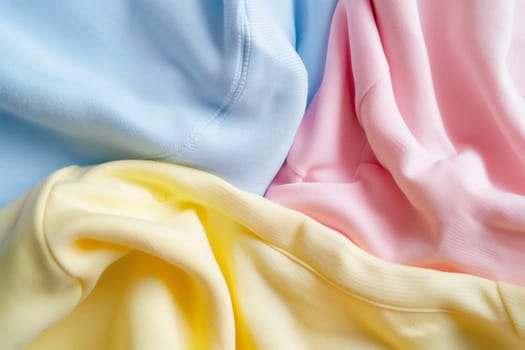 A close up of four different colored fabrics stacked on top of each other, including silk, linens, peach, and electric blue, creating a comforting and vibrant sight