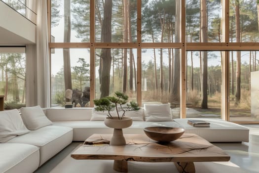 A property with a spacious living room featuring numerous windows that provide ample natural light. The room is furnished with a beautiful wooden table, enhancing the interior design