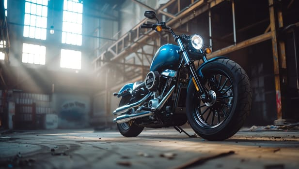 A blue motorcycle with shiny wheels and tires is parked inside a warehouse, surrounded by automotive lighting and motorsport equipment