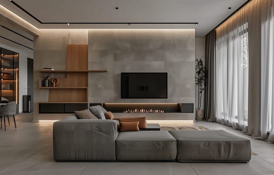 A cozy living room in a building with hardwood flooring and a comfortable couch, featuring a wallmounted television. The house offers comfort and a relaxing environment