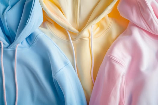 Three hoodies of different colors are neatly stacked, with sleeves folded and collars peeking out. The stack includes an electric blue one, a patterned one, and a peach one
