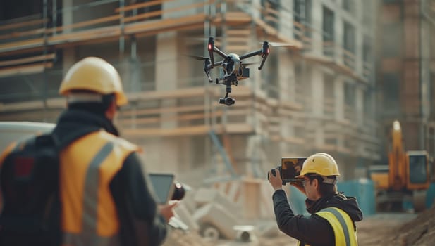 A male engineer in a hard hat and a female construction worker in highvisibility clothing are photographing a drone at a construction site