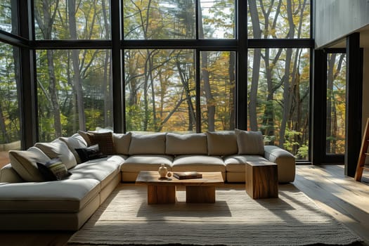 The living room features a building with a large sectional couch made of wood, a coffee table, and plants next to the window. Interior design includes tree patterns on the floor