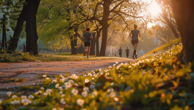 A couple of individuals are jogging through a natural landscape park at sunset, surrounded by trees, grass, and the warm glow of the sun setting behind the horizon