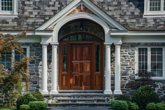 The brick building has a wooden front door, with a porch and windows. Surrounded by grass and trees, the house is a charming fixture in the neighborhood