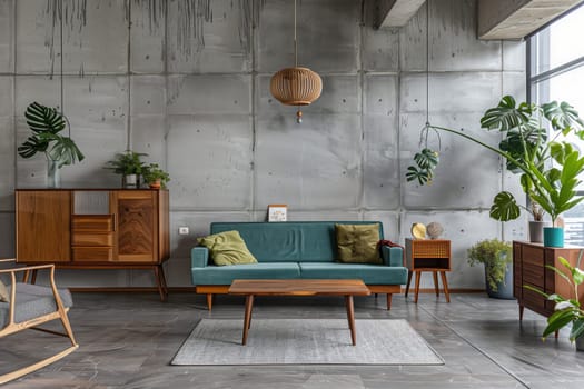A cozy living room in a house with a couch, table, chair, and plants in flowerpots. The interior design features wood furniture and flooring