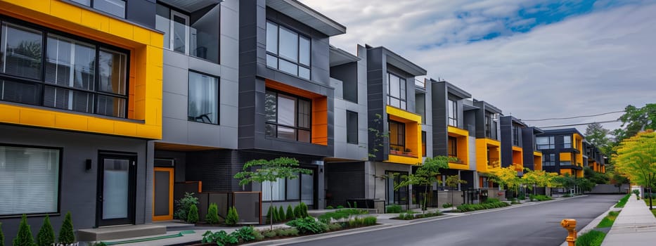 A row of apartment buildings line the sidewalk in an urban neighbourhood, set against a cloudy sky. Plants and fixtures adorn the windows of each building, with asphalt paving the way