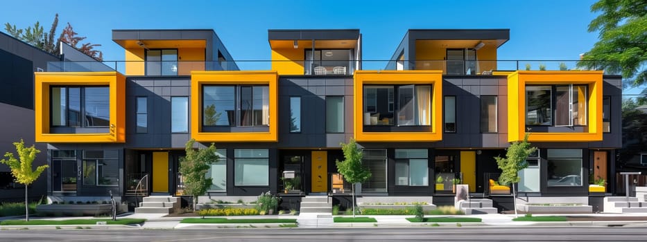 A row of yellow and black houses with windows and doors, surrounded by plants and grass on a sunny day. The asphalt road contrasts the blue sky backdrop, highlighting the colorful facades