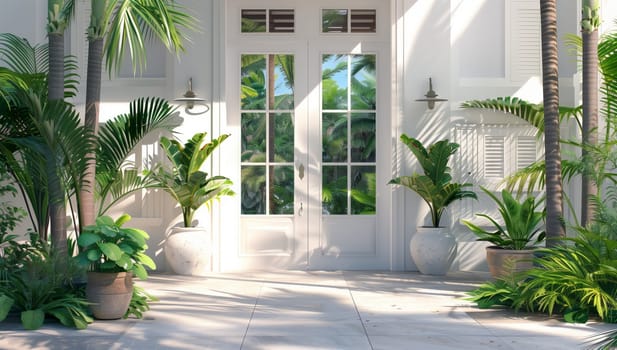 A beautiful white house adorned with various potted plants in front, adding a touch of nature to the buildings facade