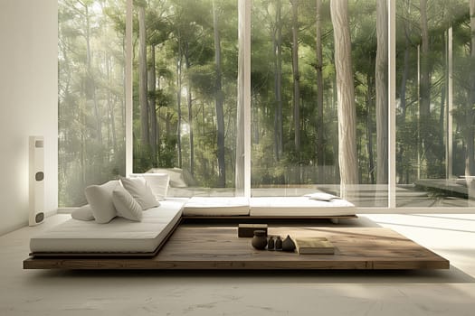 A cozy living room featuring a hardwood floor, a comfortable couch, and a large window with a view of trees in the background. Interior design with a touch of nature