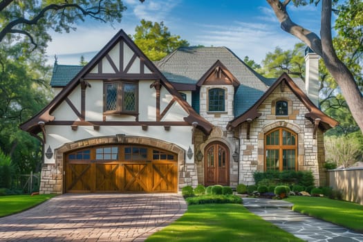 A beautiful building with a large house featuring a wooden garage door and a driveway. Surrounded by trees and grass in a peaceful neighbourhood under the clear sky with fluffy clouds