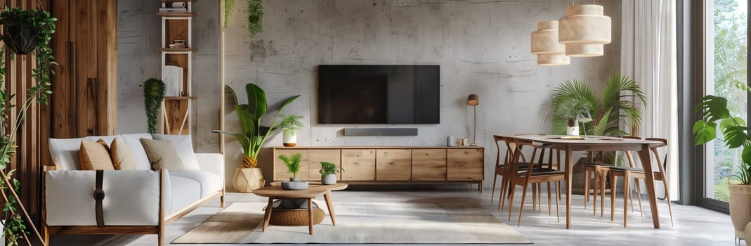 A cozy living room in a building with hardwood floors, featuring a couch, table, chairs, and a television for a modern interior design