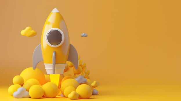 Rocket in 3d render cartoon gray and yellow for design composition..