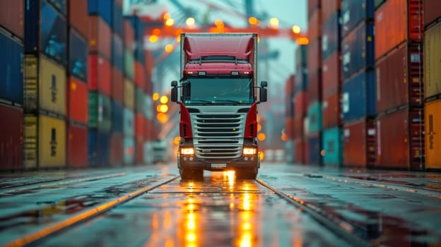 A red semi truck is driving down a wet road in front of a large container yard.