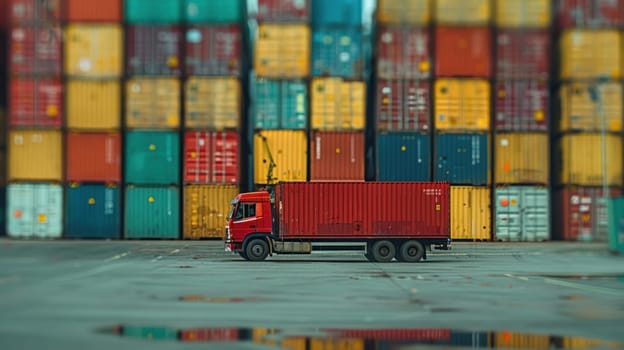 A red semi truck is driving down a wet road in front of a large container yard.