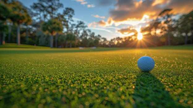 A golf ball is sitting on a green grass field. The sun is setting in the background, casting a warm glow over the scene