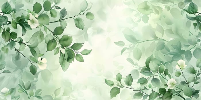 A beautiful painting of a terrestrial plant with green leaves, white flowers, and a delicate twig. The intricate patterns of the leaves and flowers create a captivating artwork