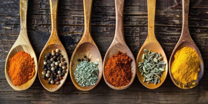 Spices in wooden spoons rustic setting culinary inspiration..