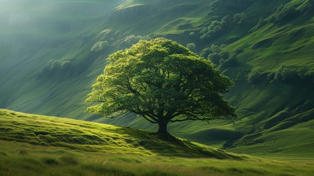 A large tree stands in a lush green field. The tree is surrounded by grass and is the focal point of the image. Concept of tranquility and natural beauty, with the tree providing a sense of stability