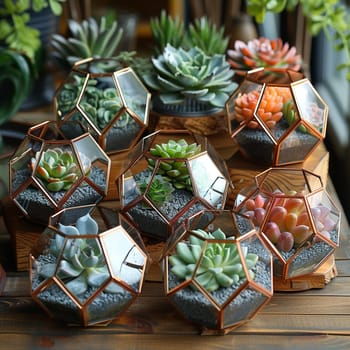 Collection of succulents in geometric terrariums, showcasing modern home decor.