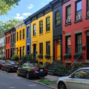 Row of colorful townhouses, exemplifying urban living and real estate.