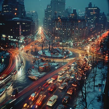 Time-lapse photography of busy intersection at night, illustrating urban life and motion.