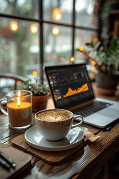 Laptop, coffee, notepad on minimalist desk setup, representing remote work.