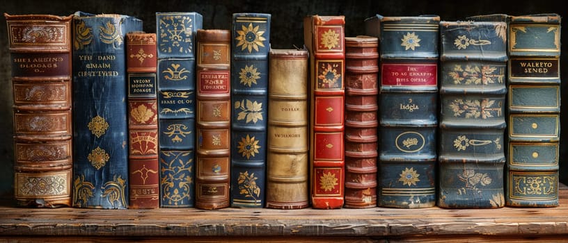 Collection of vintage books stacked on wooden table, suggesting education or nostalgia.