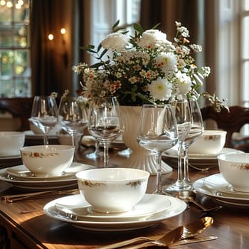 Beautifully set dining table with elegant crockery, representing hospitality and dining.