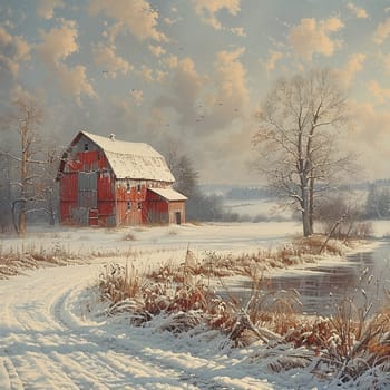 Rustic barn in snowy landscape, representing rural life and winter.