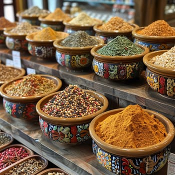 Vibrant market spices arranged in bowls, representing culture and diversity.