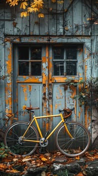 Bicycle leaning against rustic wall, conveying eco-friendly transportation and leisure.