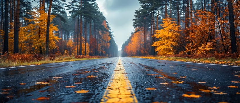 Scene of empty road leading through colorful autumn forest, suggesting travel and seasons.