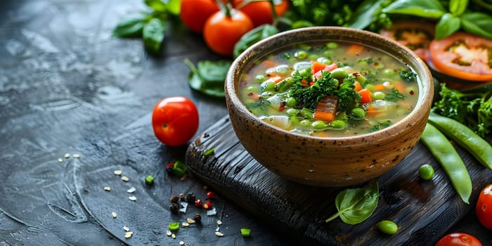 A dish of vegetable soup made with fresh produce and plum tomatoes is placed on a wooden cutting board surrounded by assorted vegetables