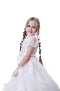 small blonde beauty kid portrait in white dress Isolated on white