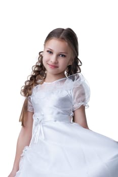 small beauty child posing in white dress Isolated on white