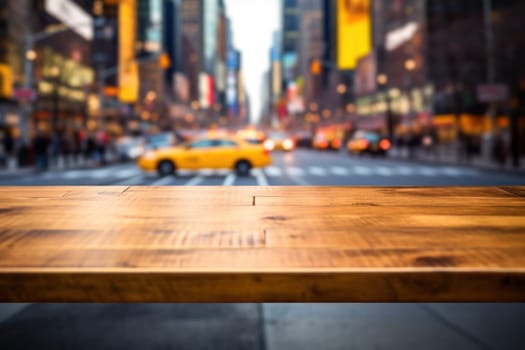 Wood table mockup with New York city street. Copy space for product. Generative AI.