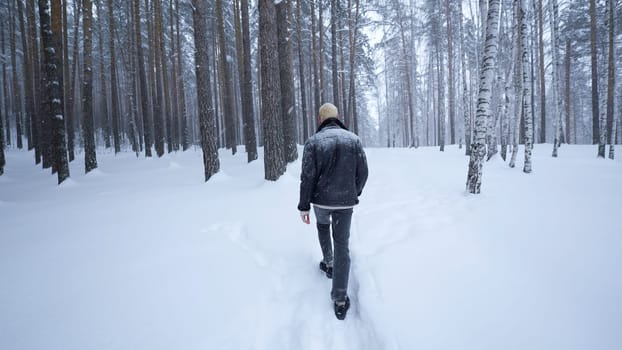 Stylish man walks in winter forest. Media. Rear view of stylish blond man walking in winter forest. Walk in winter forest in snowfall.