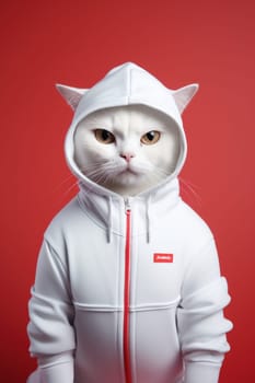 cat wearing white hoodie sweatshirt modern fashion clothed . AI generative.