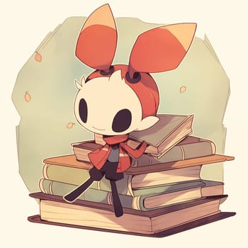 Hand Drawn Cute Ant with Stack of Books in Anime Style. Kawaii Style Illustration. Insect Cartoon Drawing on White Background.
