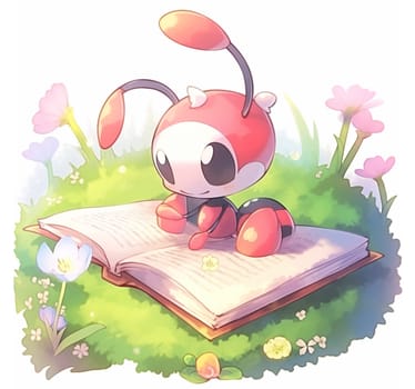 Hand Drawn Cute Ladybug Reading Books in Anime Style. Kawaii Style Illustration. Ladybug Cartoon Drawing on White Background.