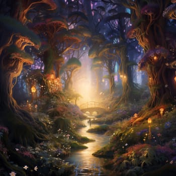 Enchanted Mystical forest Dreamy Fairy Environment Pintable Background. Graphic Forest Floral Game Asset.