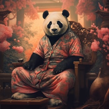 Illustration of a Panda in a National Robe. Sakura Tree Landscape. Asian Background.