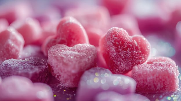 The close up view of picture of a lot of the pink candy, sweet, sugar, and jelly that has been put around the table or floor and gathered together and has been filled with various type sweet. AIGX01.