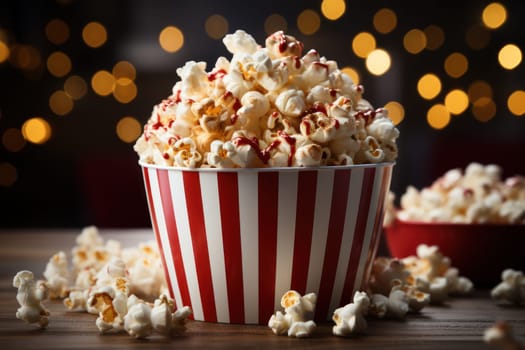 Striped red box with popcorn on a distinct red background with copy space, cinema and movies background, AI generative.