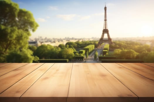 Wood table mockup with Eifel tower. Copy space for product. Generative AI.