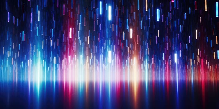 The picture of the uncountable amount of the vertical red and blue neon light pillars that has been filled everywhere of picture of futuristic enormous dark cyberspace yet bright with light. AIGX01.