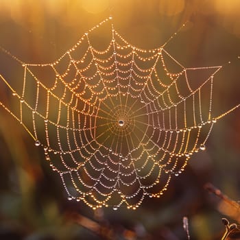 Perfectly round dew drops on spider webs, showcasing natural precision.